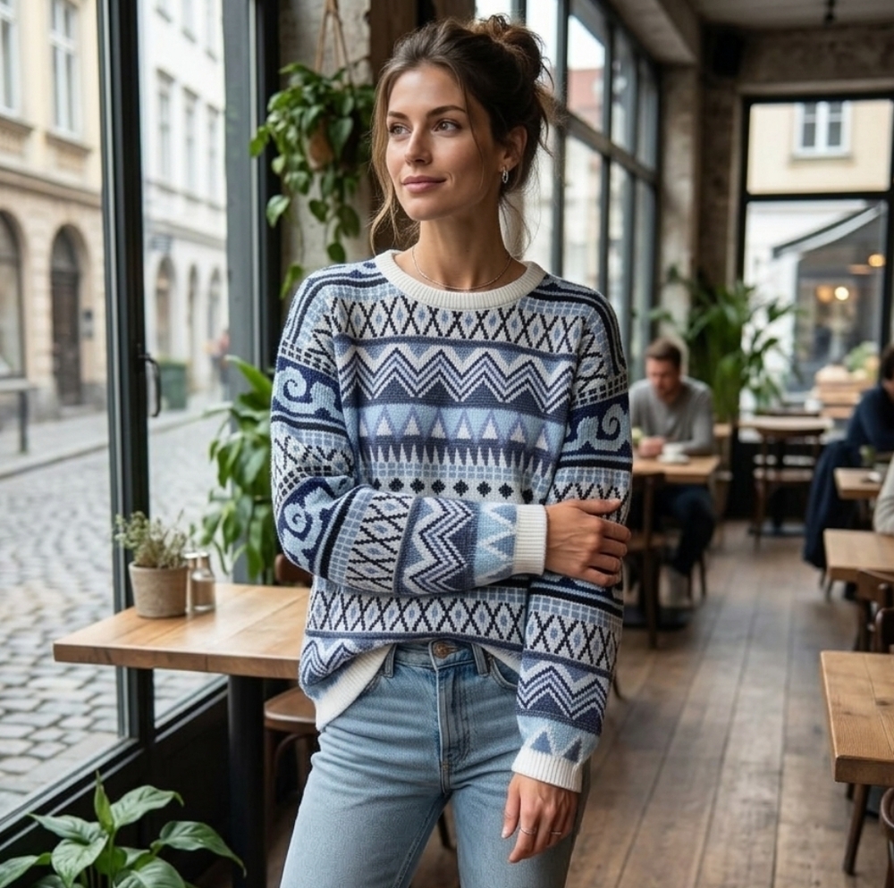 Tradition Sears Women's Vintage Blue Fair Isle Crewneck Knit Sweater Size L